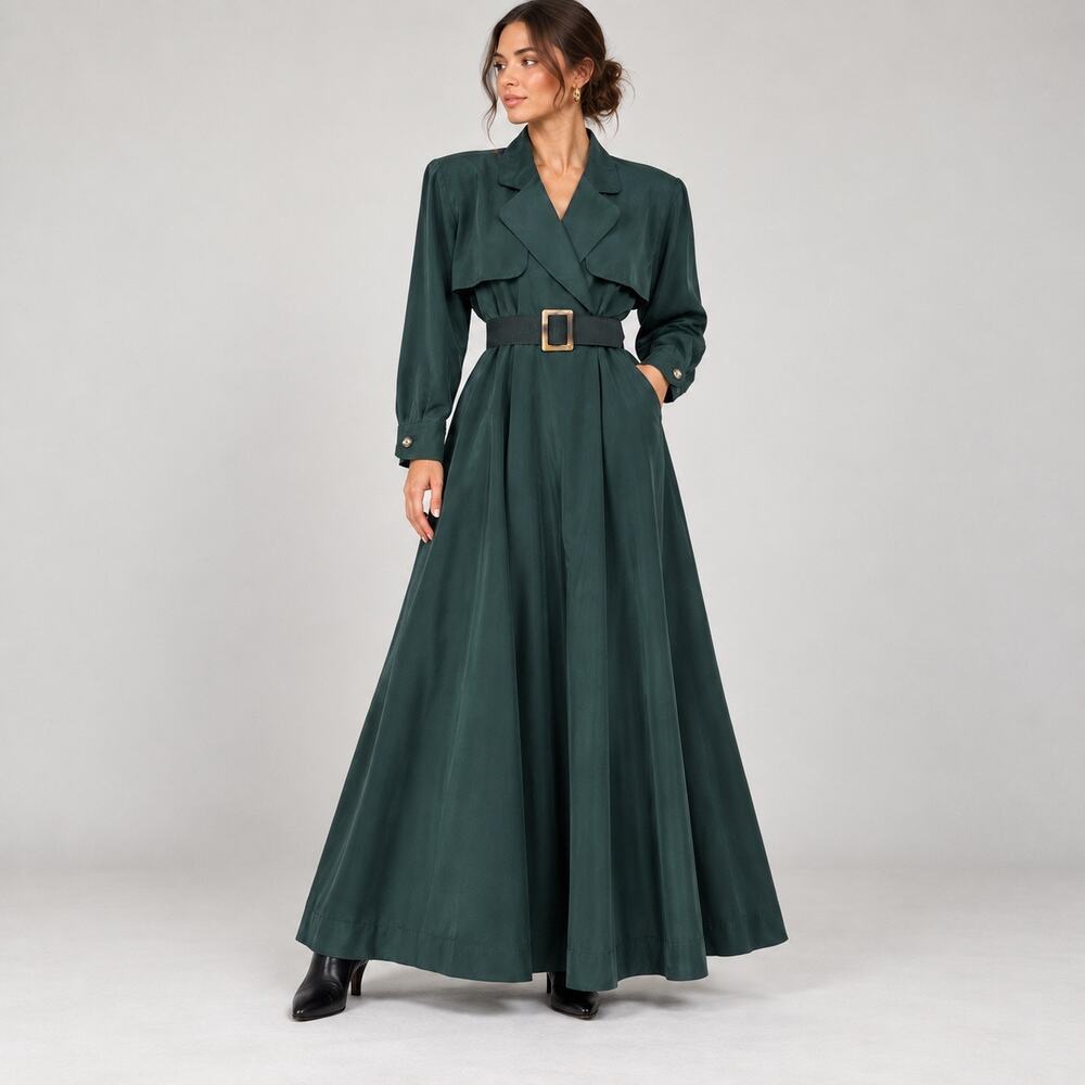 Vintage Green Silk Trench Coat Dress Green Belted Maxi Sz 10 80s -